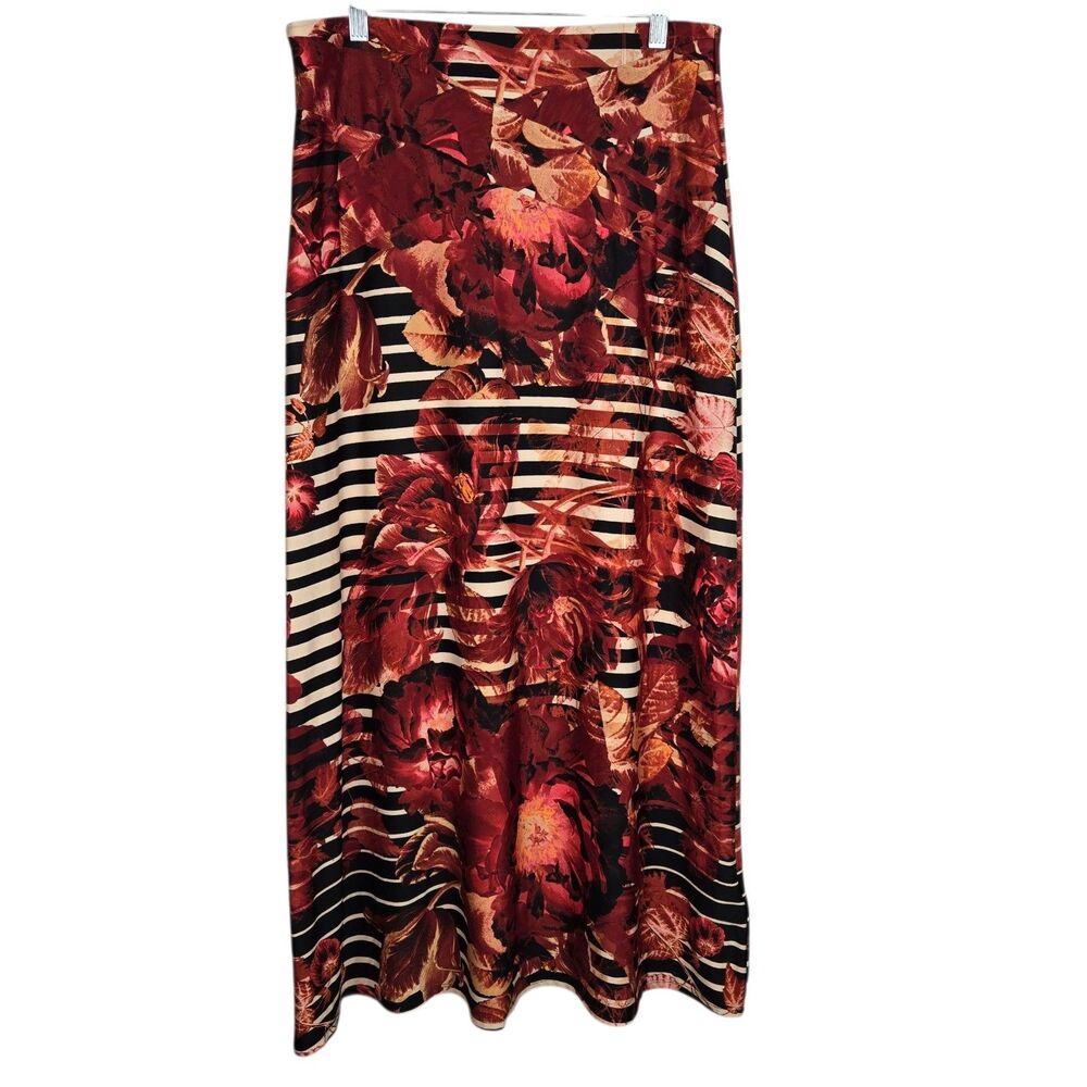 Beige by eci Maxi Skirt Sz M Floral Striped Red Black Beige Pull On Boho